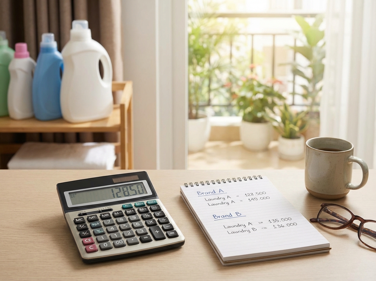 Máy tính và sổ tay tính chi phí giặt giũ trên bàn làm việc sạch sẽ