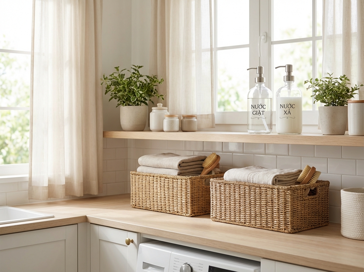 Kệ đồ giặt gọn gàng với bộ combo giặt xả đồng bộ