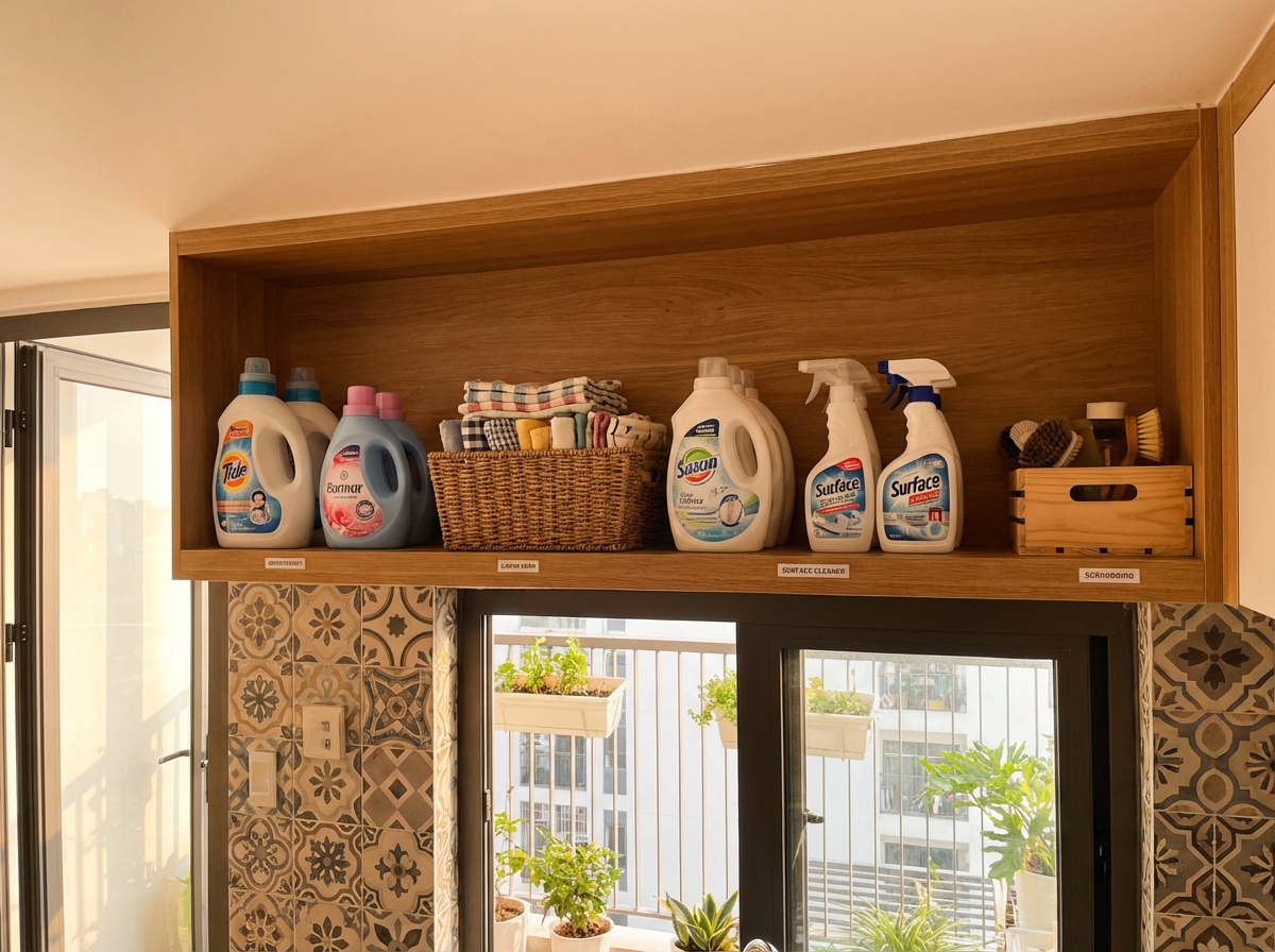 Sản phẩm tẩy rửa được sắp xếp an toàn trên kệ cao trong nhà Việt Nam