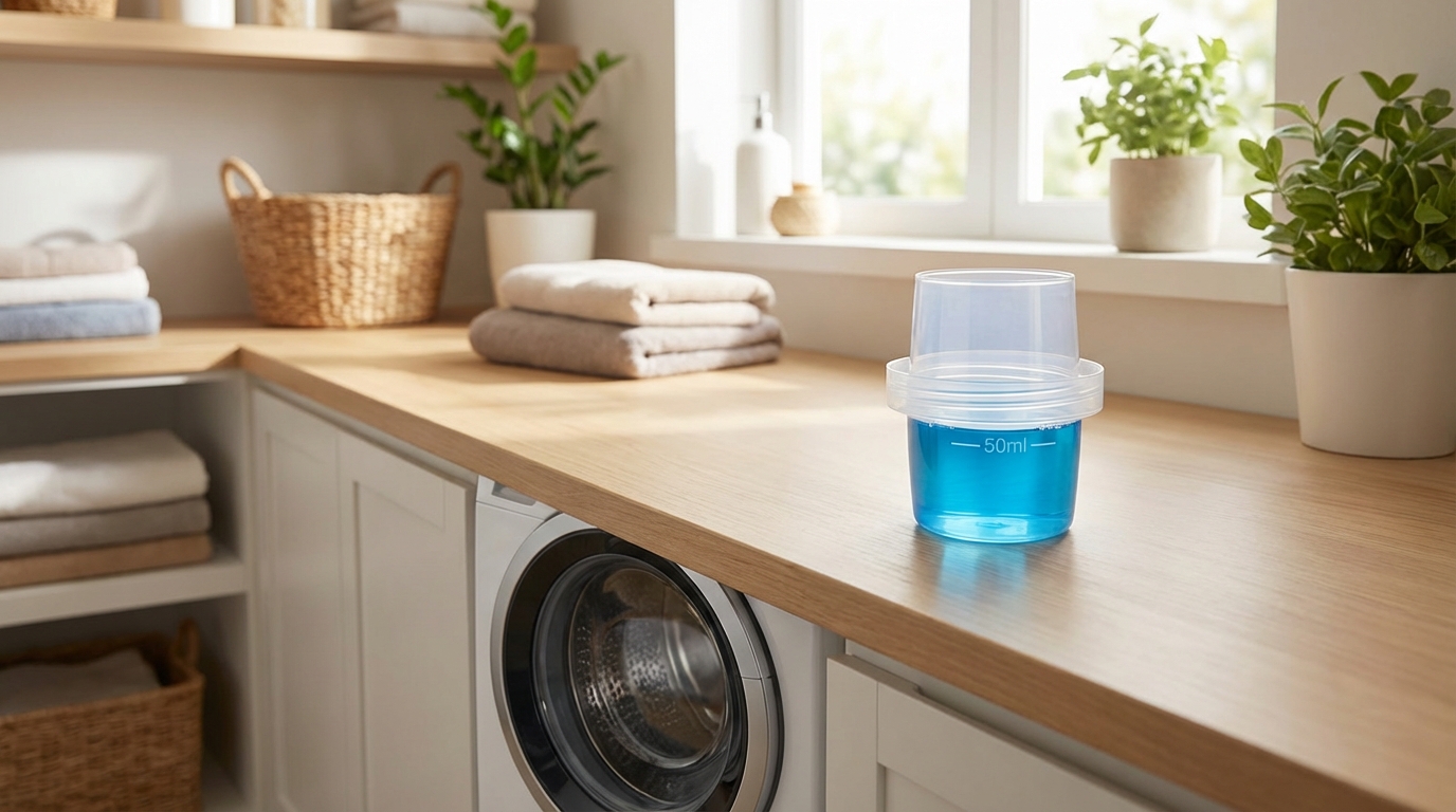 Nắp đong nước giặt với vạch mức chuẩn – dùng đúng để sạch hơn và tiết kiệm hơn