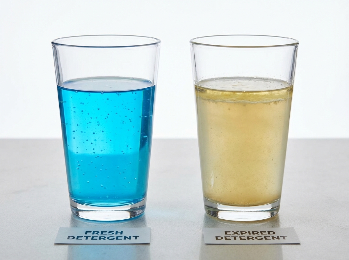 So sánh nước giặt còn hạn (trái) và hết hạn (phải) – có thể thấy sự khác biệt màu sắc và độ đặc
