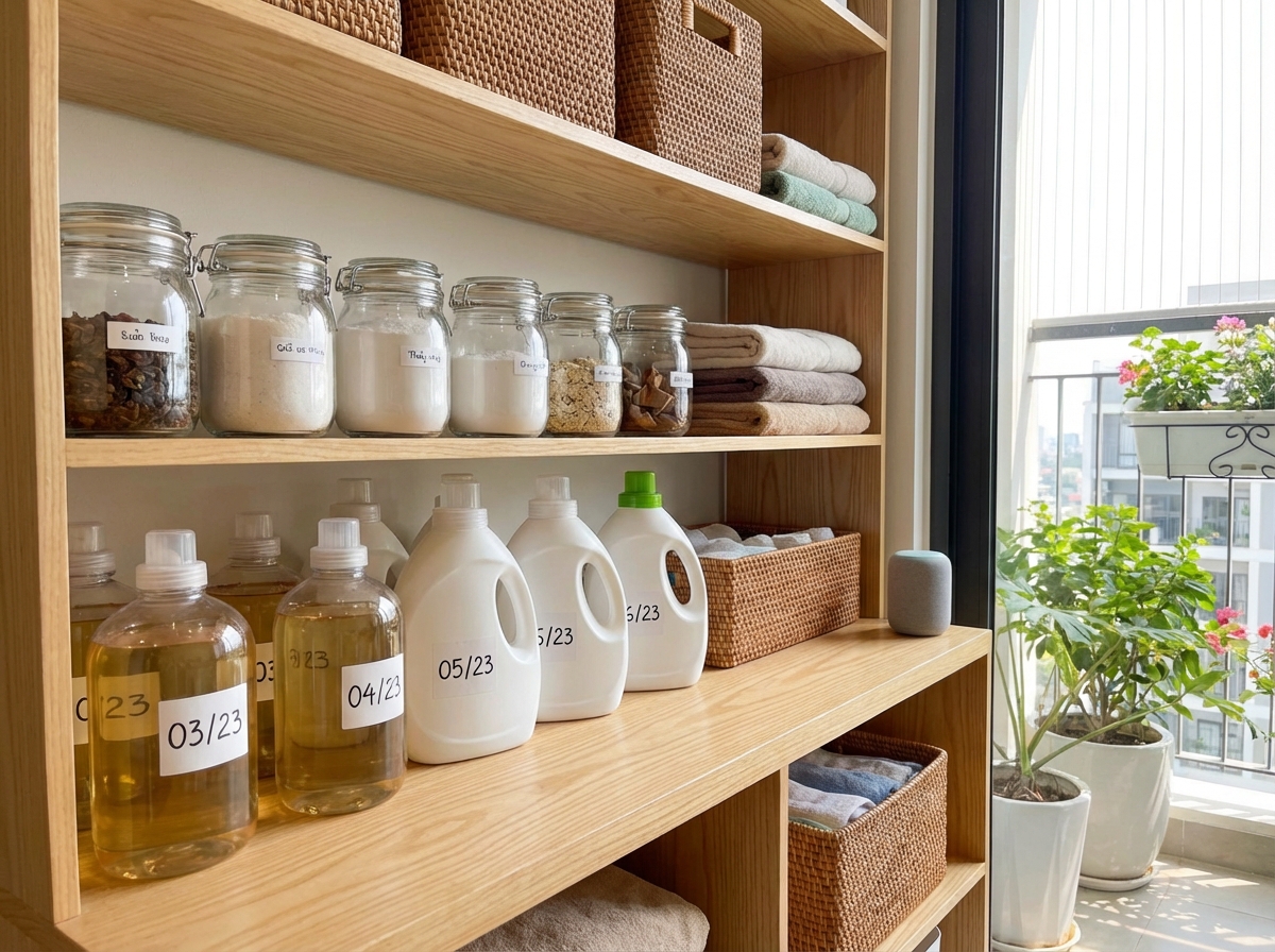 Kệ đồ giặt được sắp xếp theo nguyên tắc FIFO – chai cũ ở trước, chai mới ở sau