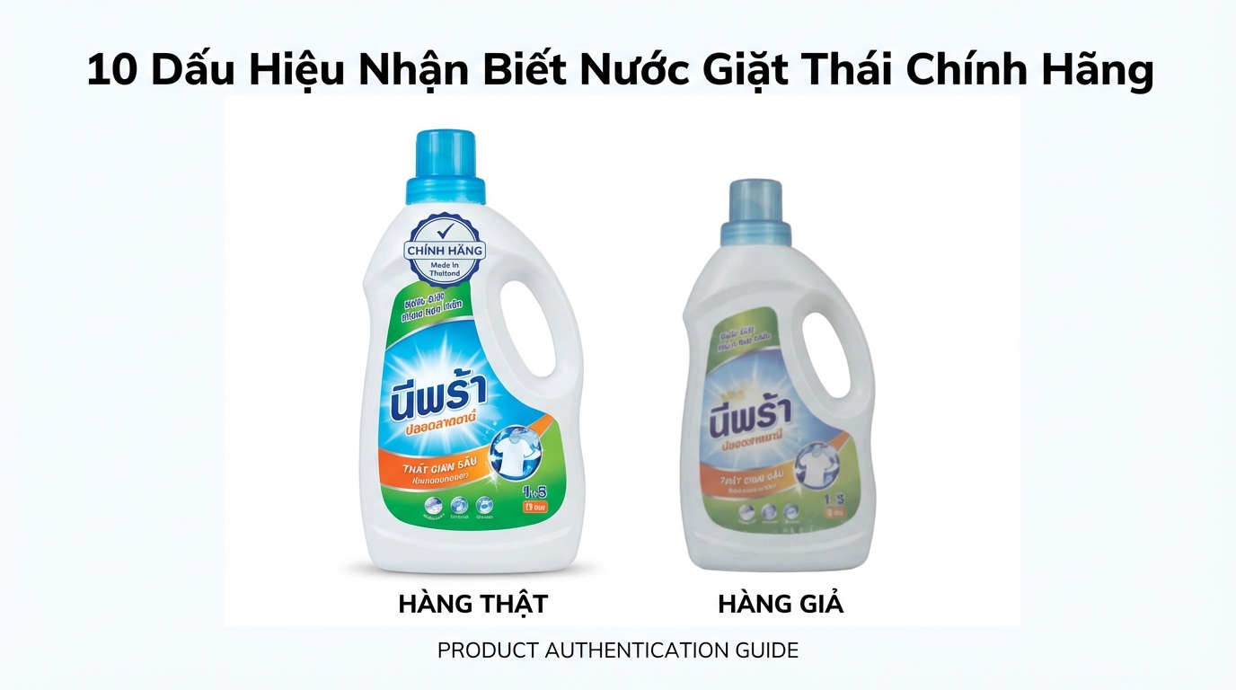 So sánh chai nước giặt thật (nhãn sắc nét) và hàng giả (nhãn mờ)