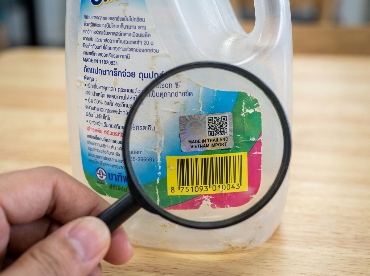 Tem nhập khẩu và barcode của nước giặt Thái Lan chính hãng nhìn kỹ dưới kính lúp