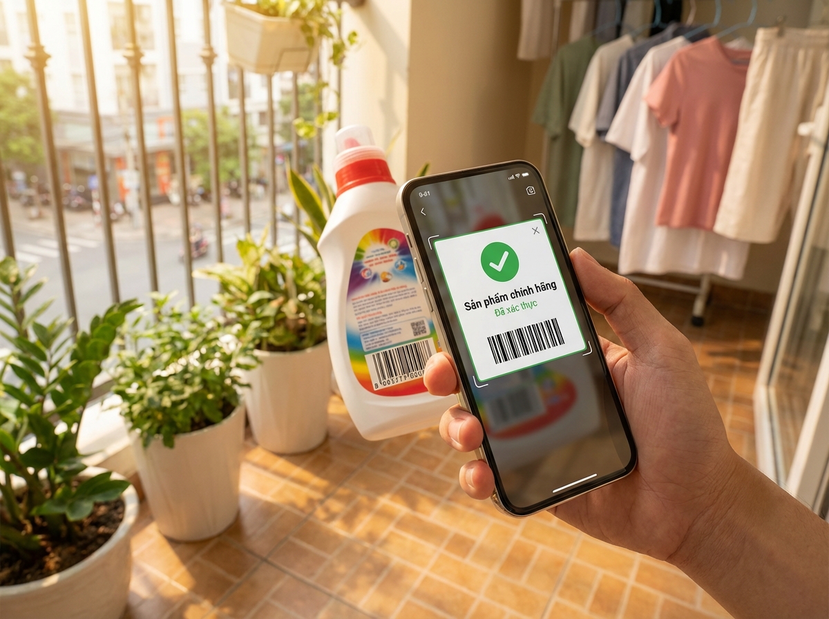 Điện thoại đang scan barcode nước giặt để kiểm tra tính xác thực