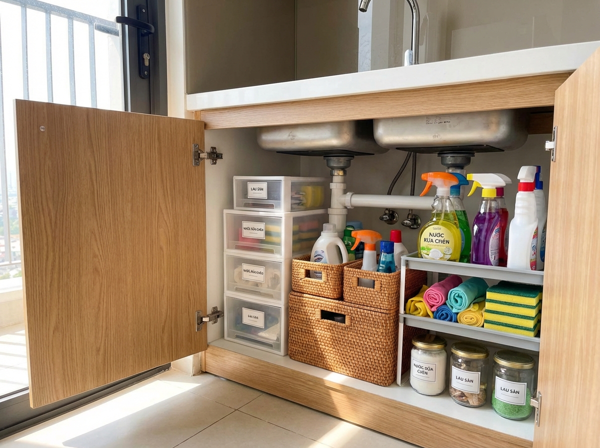 Kệ dưới bồn rửa với đồ vệ sinh sắp xếp gọn gàng