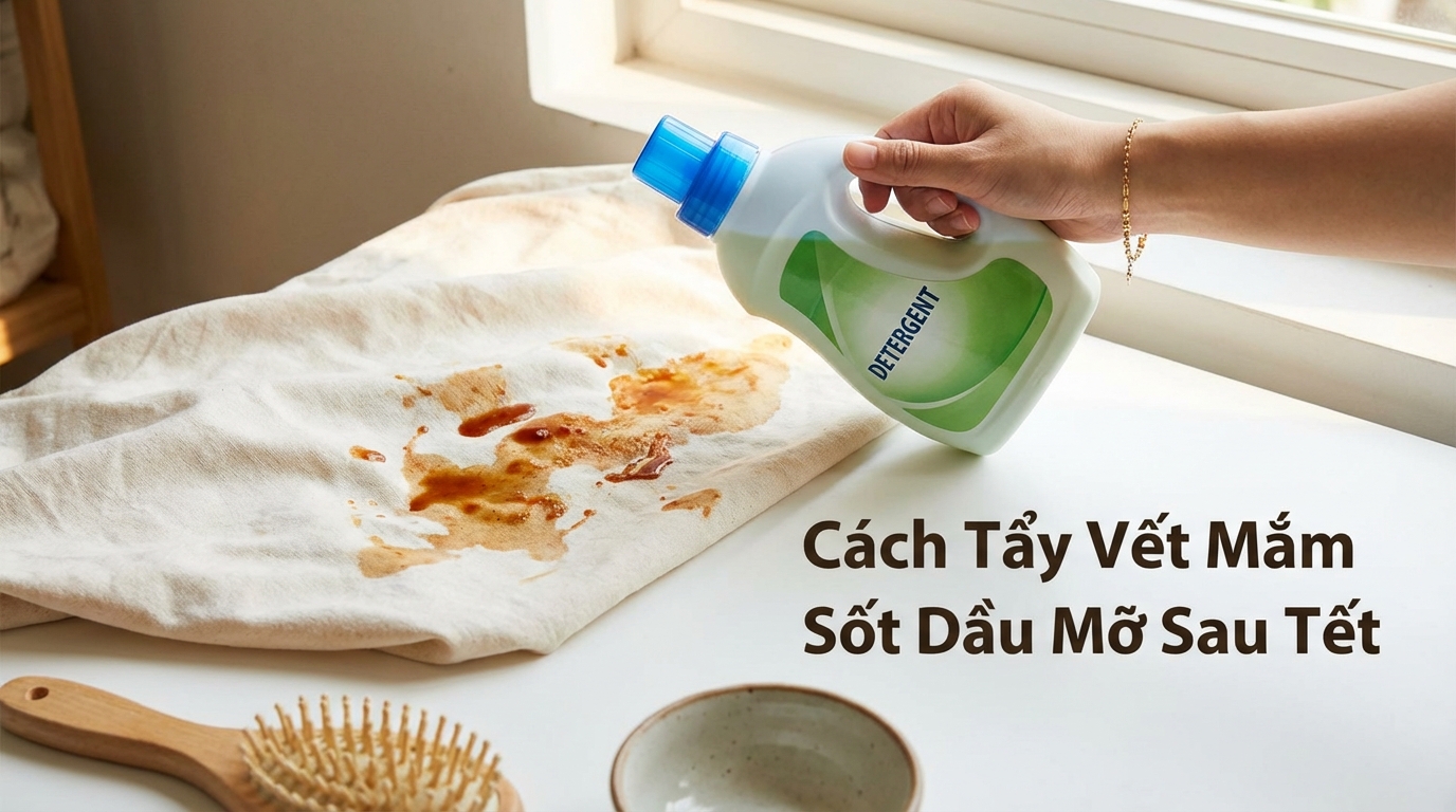 Quần áo bị dính vết bẩn thức ăn đang được xử lý với nước giặt