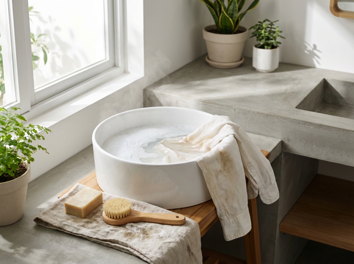 Ngâm áo bị dính vết bẩn trong chậu nước ấm với nước giặt