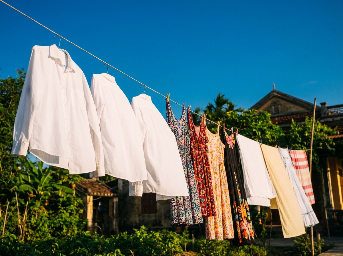 Quần áo sạch sẽ phơi nắng trắng tinh sau khi tẩy vết bẩn