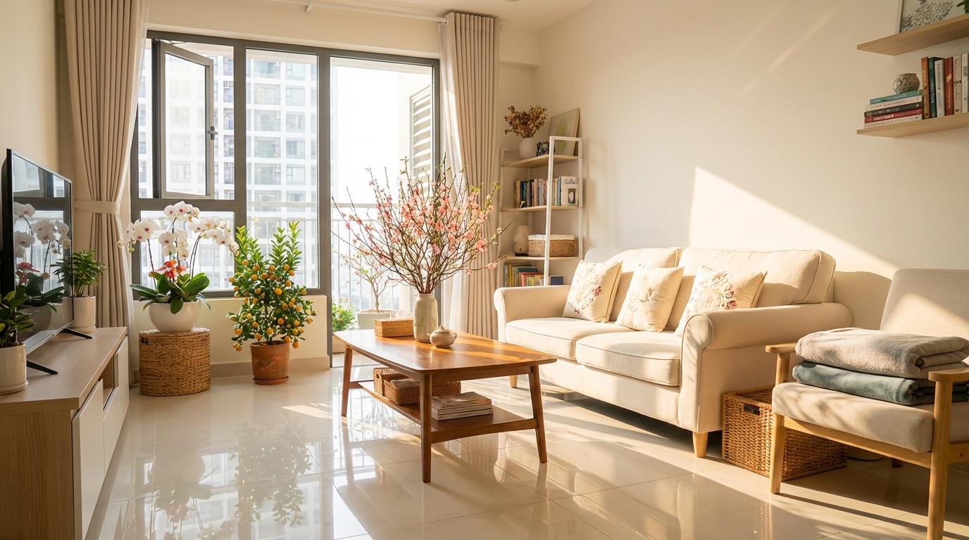 Phòng khách Việt Nam sạch sẽ, thoáng đãng sau khi dọn nhà hậu Tết