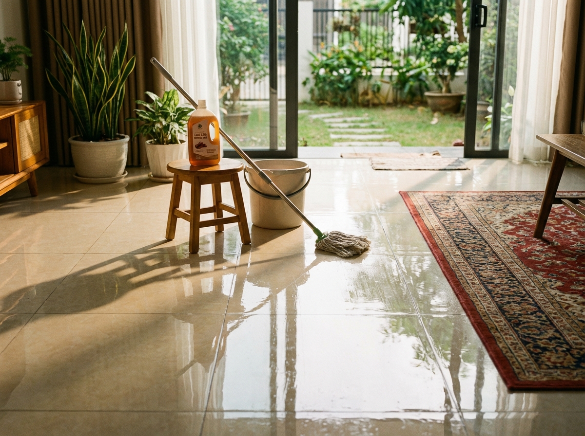 Sàn nhà lau sạch bóng với chai nước lau sàn Earth Choice đặt cạnh