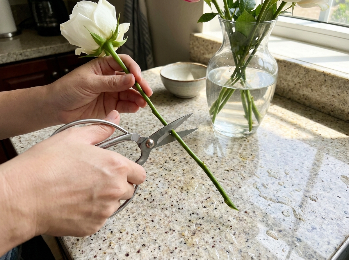 Cắt chéo gốc hoa 45 độ trước khi cắm - bước quan trọng để hoa hút nước tốt