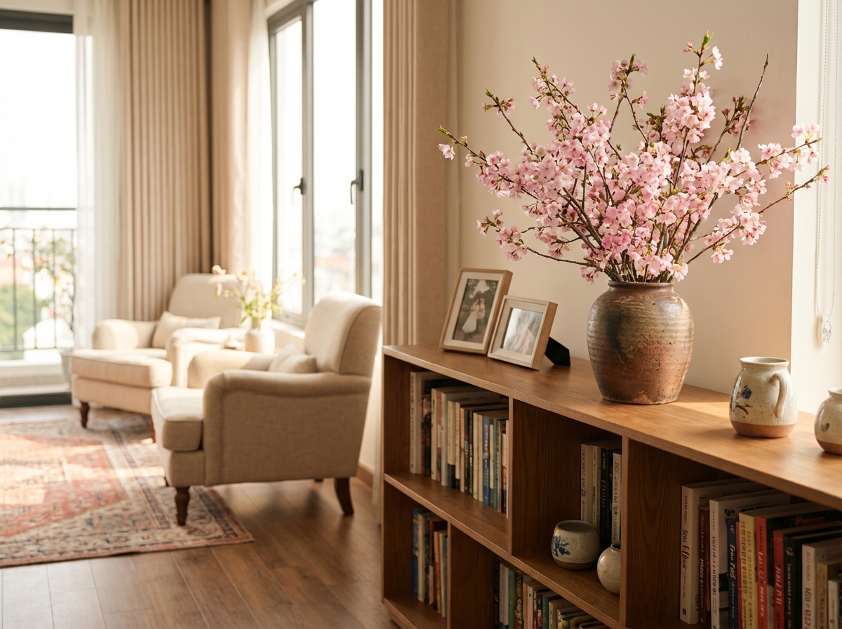 Bình hoa đào hồng trên kệ sách trong nhà Việt Nam - tươi và thơm ngát không gian