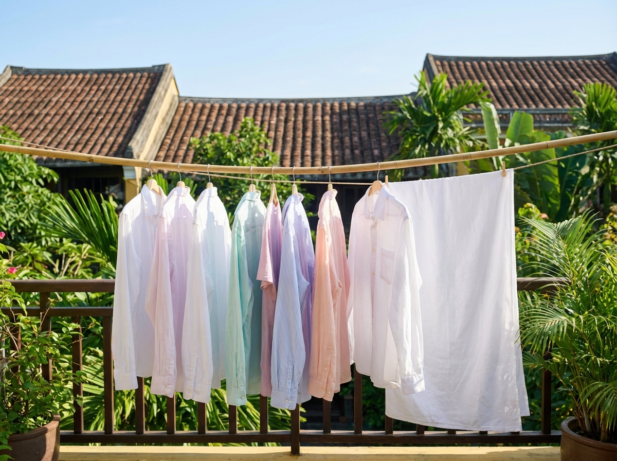 Quần áo sạch thơm phơi khô dưới nắng nhẹ buổi sáng