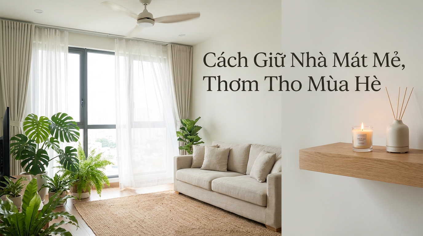 Phòng khách mát mẻ mùa hè với cây xanh, quạt trần và rèm trắng bay nhẹ