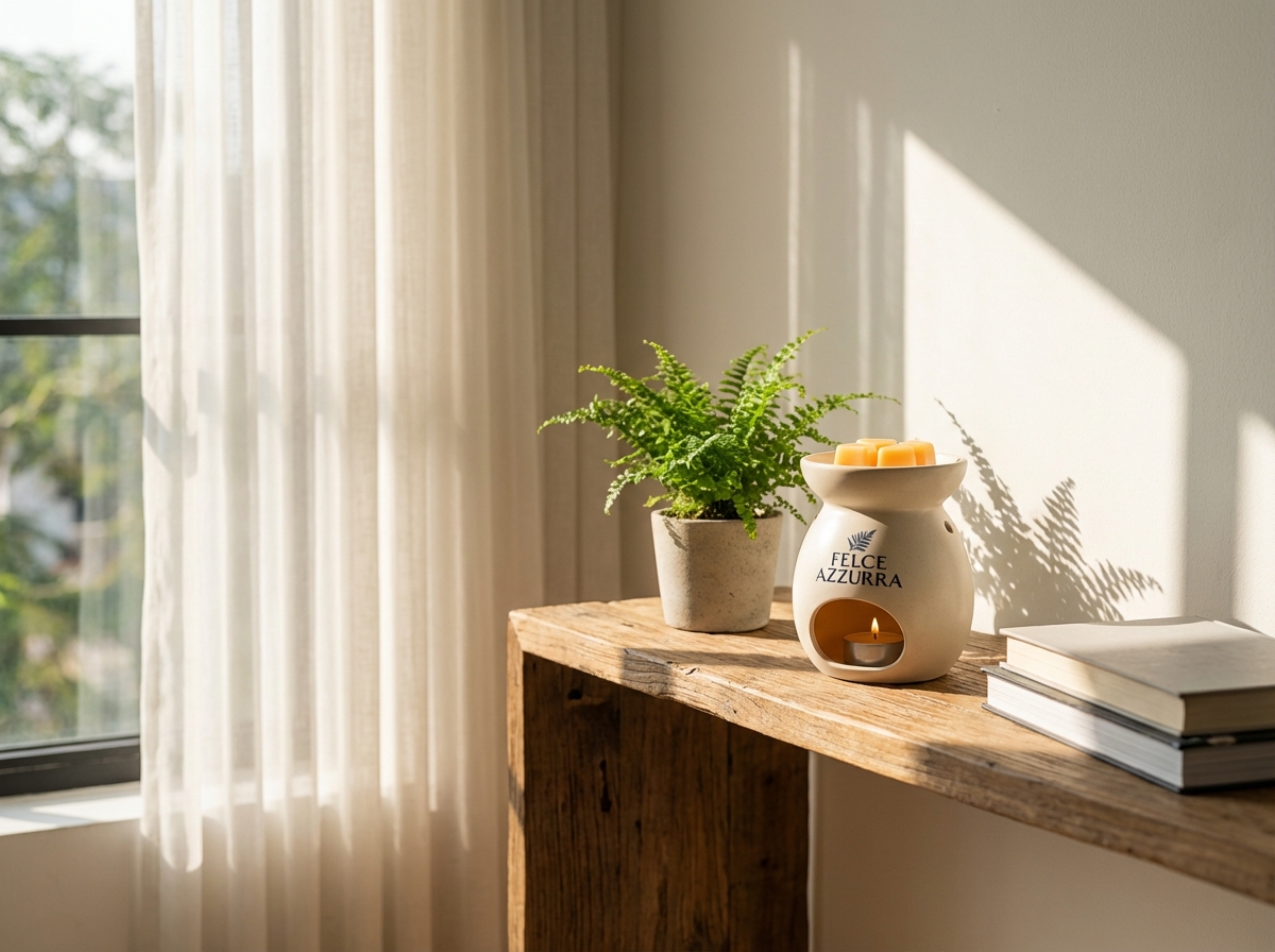 Sáp thơm Felce Azzurra citrus trên kệ phòng khách, cây xanh bên cạnh tạo cảm giác mát mẻ