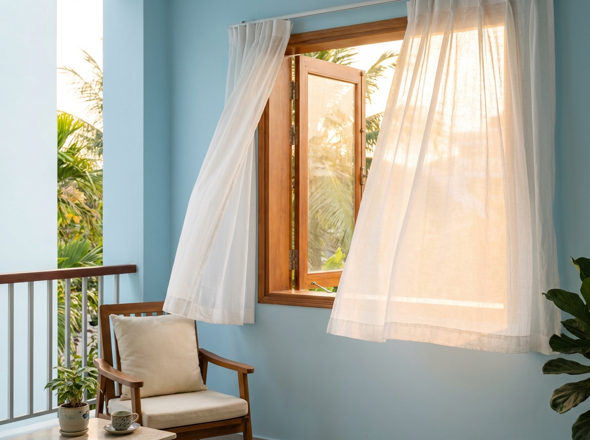 Rèm cửa trắng bay nhẹ trong gió mùa hè, cửa sổ mở thoáng tạo không gian mát mẻ