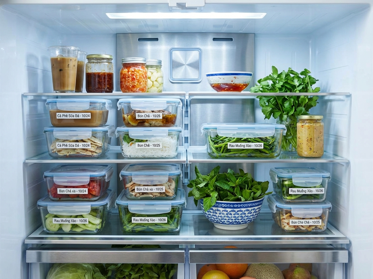 Tủ lạnh gọn gàng, đồ ăn Tết phân loại trong hộp sạch sẽ