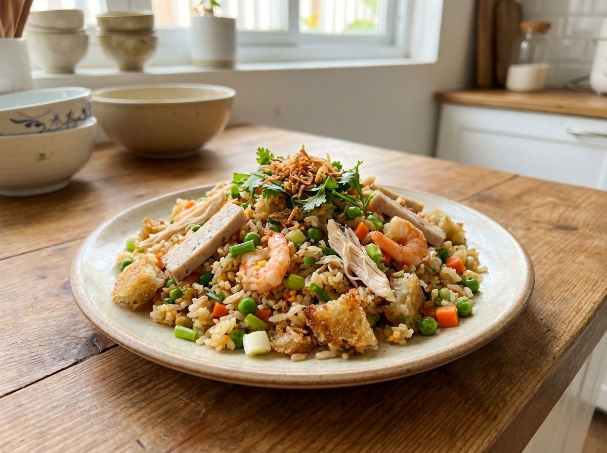 Món ăn sáng tạo từ đồ Tết thừa – cơm chiên thơm ngon, không lãng phí