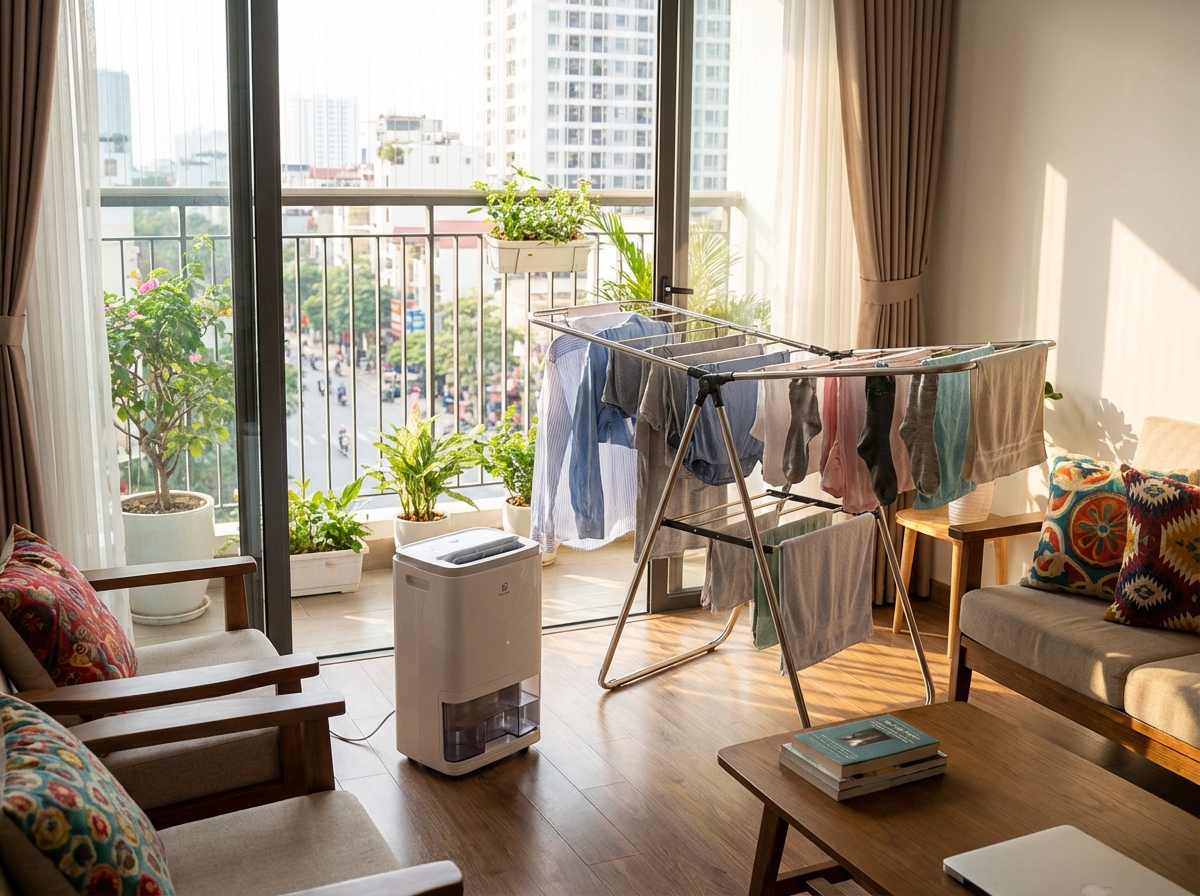 Máy hút ẩm nhỏ hoạt động trong phòng với quần áo phơi trong nhà mùa nồm