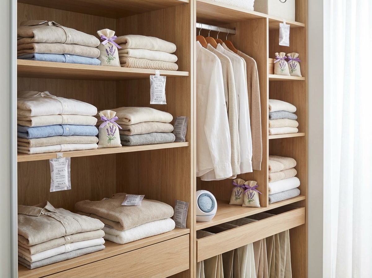 Tủ quần áo gọn gàng với túi hút ẩm và túi thơm đặt giữa các lớp quần áo