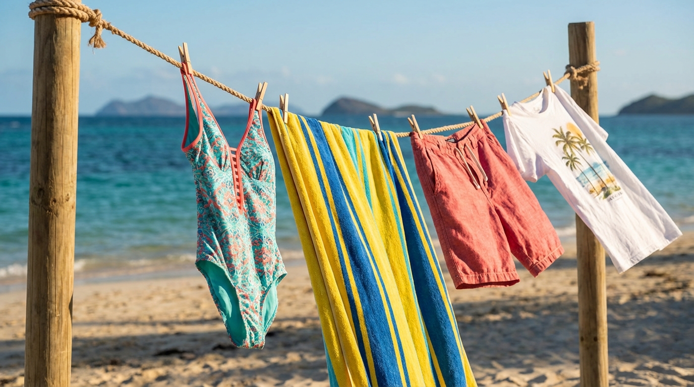 Quần áo biển đầy màu sắc phơi trên dây với nền biển xanh mờ