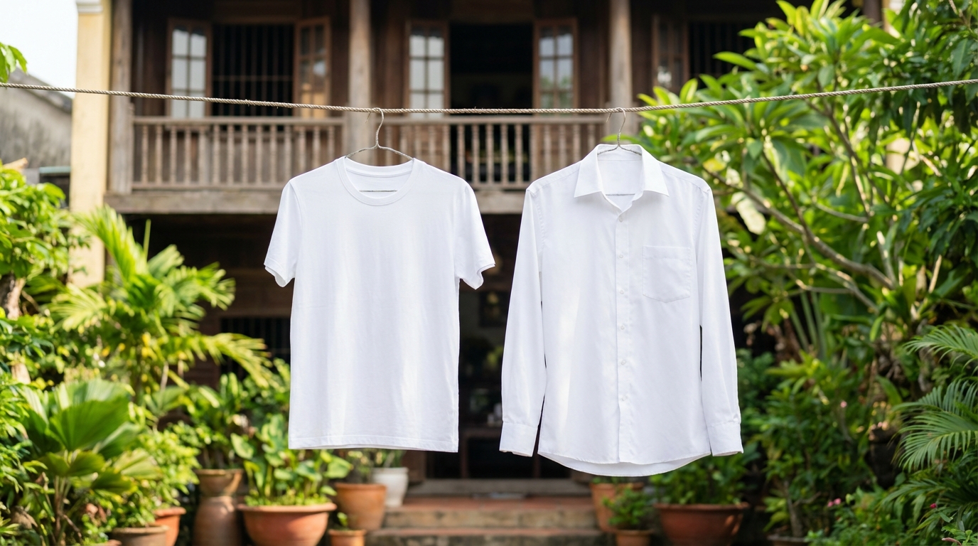 Áo trắng sạch tinh phơi ngoài nắng nhẹ bên vườn xanh mát