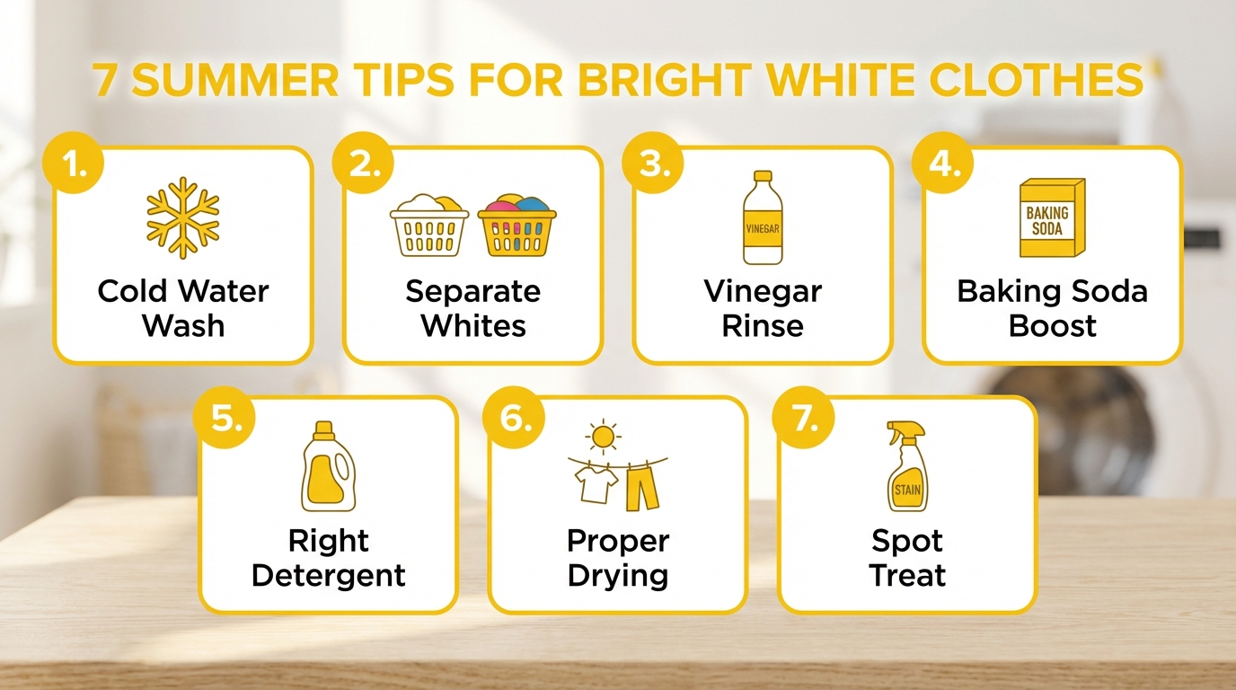 Infographic 7 bí quyết giặt đồ trắng không ngả vàng mùa hè