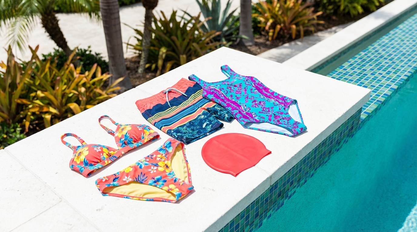 Đồ bơi nhiều màu sắc phơi phẳng bên cạnh hồ bơi xanh mát