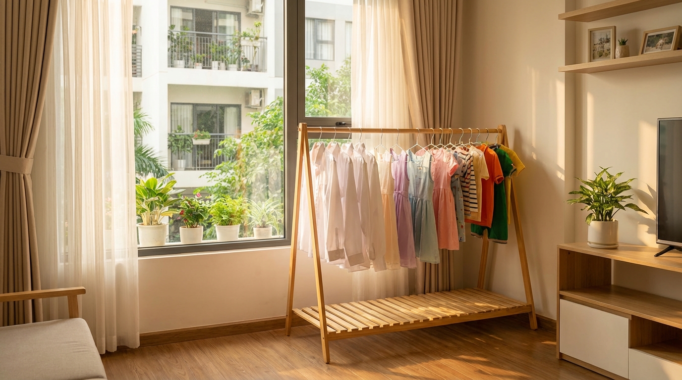 Quần áo phơi gọn gàng trên giá phơi trong nhà gần cửa sổ sáng tự nhiên