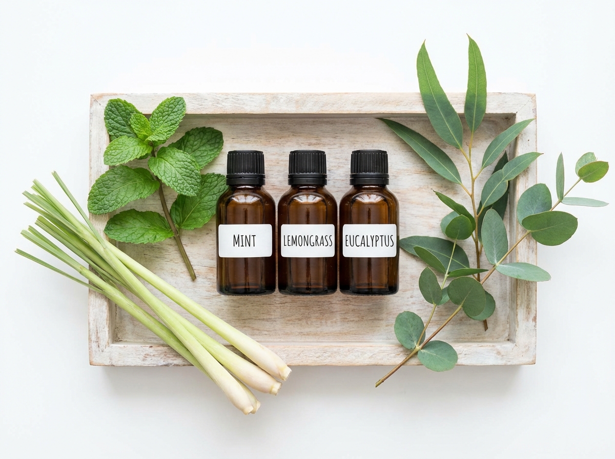 Các loại tinh dầu mát lạnh: bạc hà, sả chanh, bạch đàn trên khay gỗ với lá thảo mộc tươi