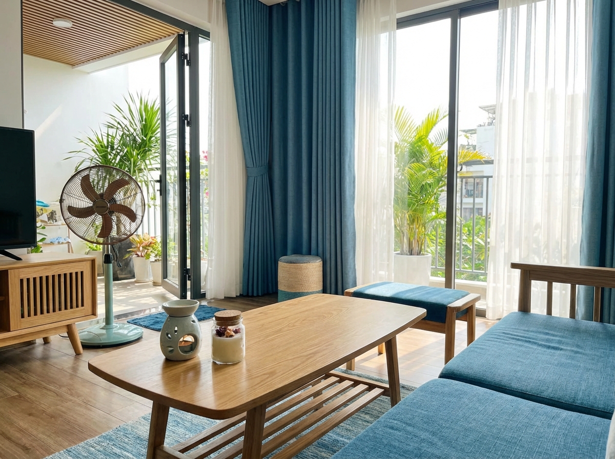 Phòng khách thoáng mát mùa hè với sáp thơm và xịt phòng đặt trên bàn cà phê