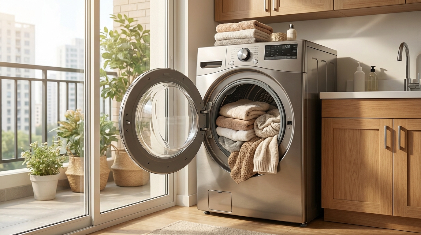 Máy sấy quần áo hiện đại mở ra với quần áo khô mềm mại bên trong