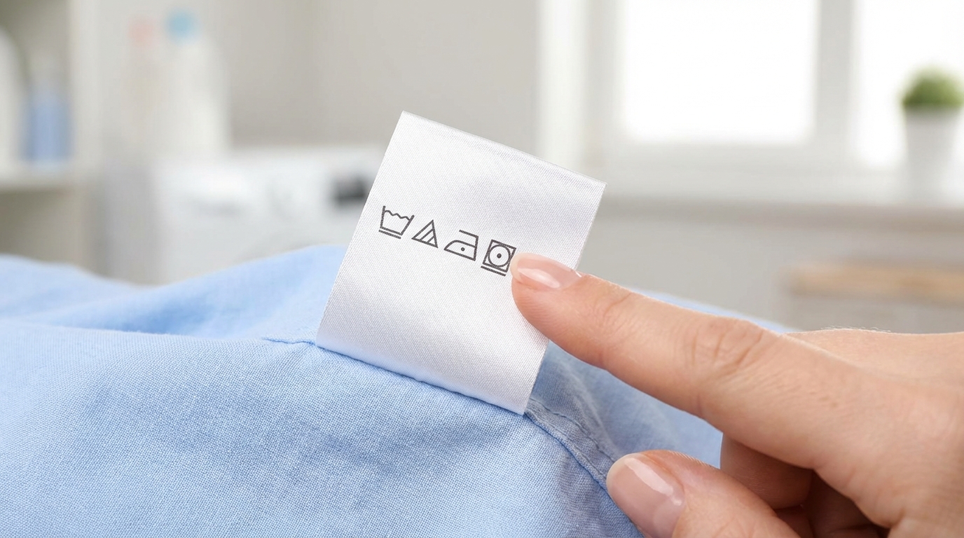 Nhãn quần áo với ký hiệu sấy, tay chỉ vào biểu tượng tumble dry