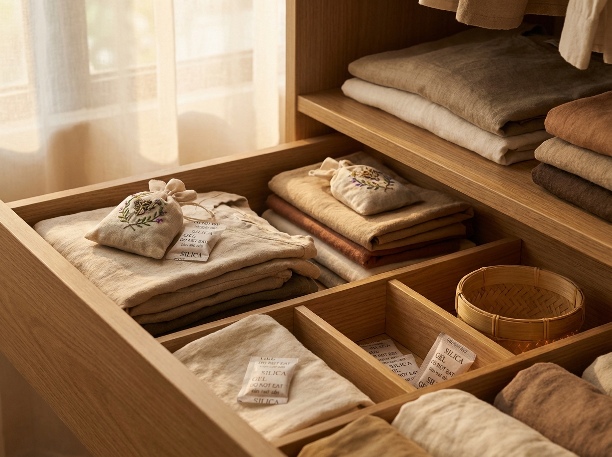 Túi thơm và silica gel đặt gọn gàng giữa các chồng quần áo trong tủ