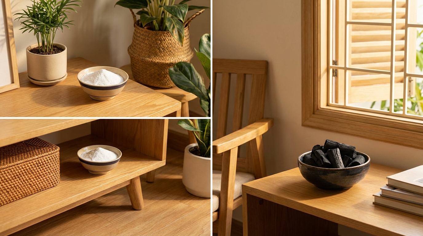 Bát baking soda và than hoạt tính đặt trong góc phòng để hút mùi ẩm mốc tự nhiên