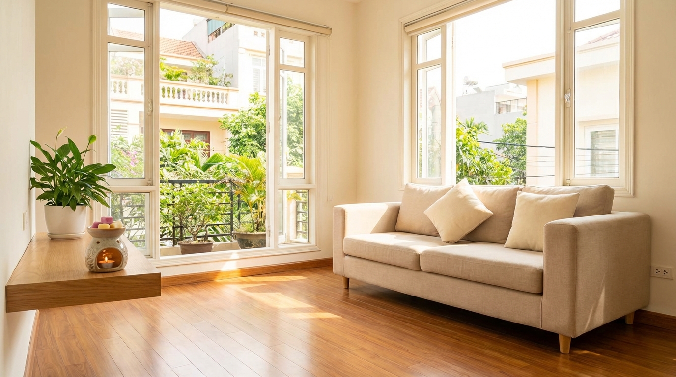 Phòng khách sạch thơm tho sau khi xử lý mùi ẩm mốc, sáp thơm trên kệ