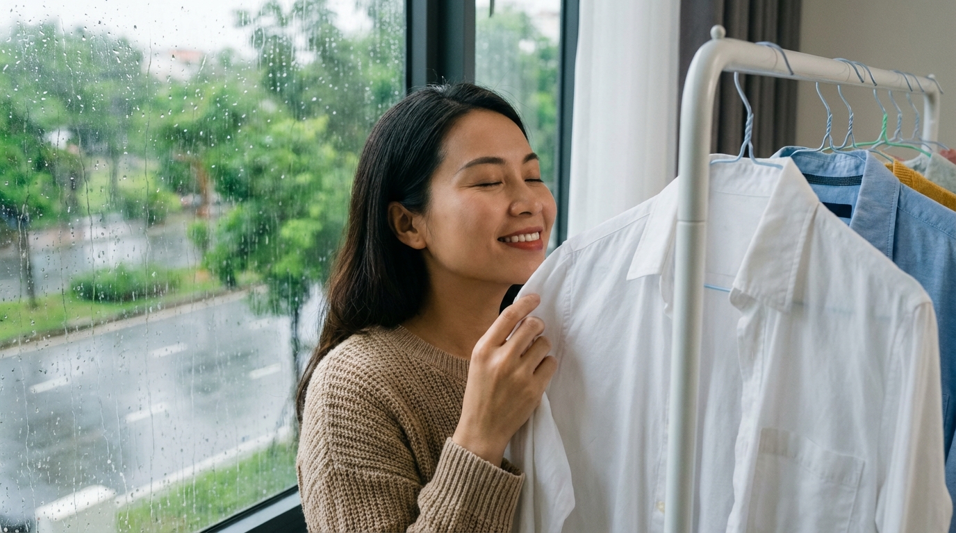 Chị nội trợ thỏa mãn ngửi quần áo vừa giặt xong, thơm tho dù mùa mưa