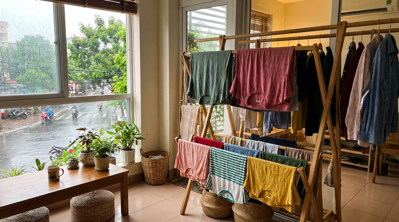 Quần áo sạch phơi trong nhà mùa mưa, vẫn tươi thơm và gọn gàng