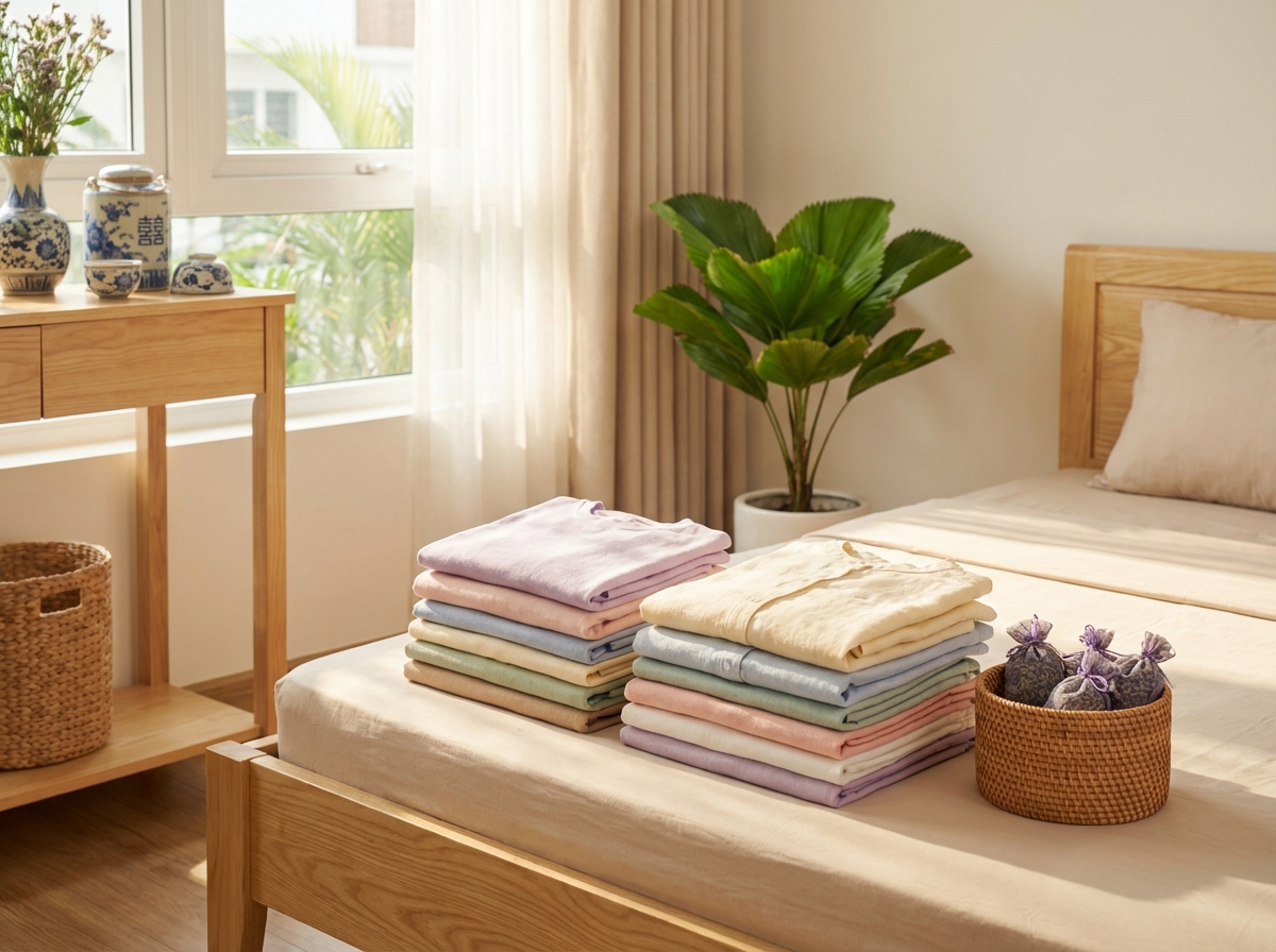 Quần áo thơm tho sạch sẽ sau khi sấy khô thành công, gấp gọn trong phòng ngủ sáng sủa