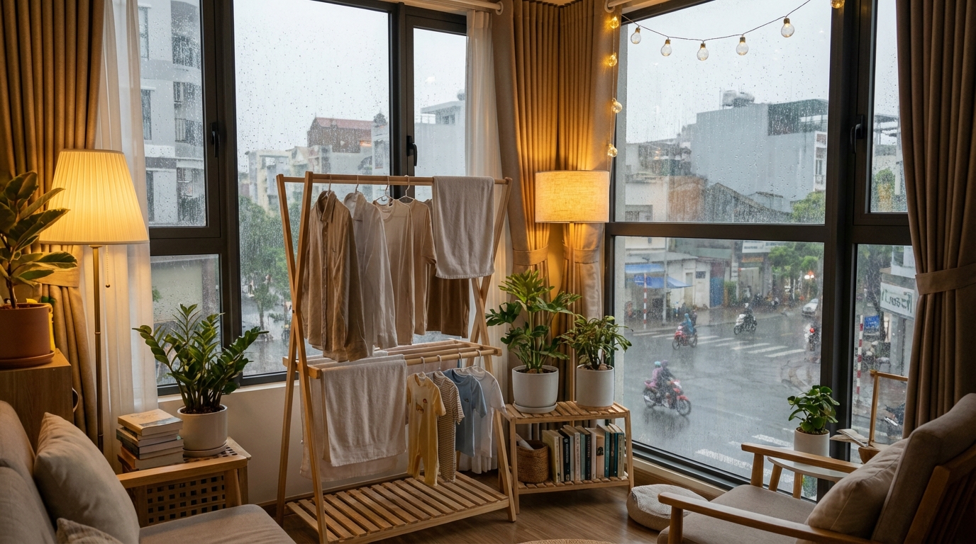 Quần áo phơi gọn gàng trên giá trong nhà, bên ngoài cửa sổ trời đang mưa
