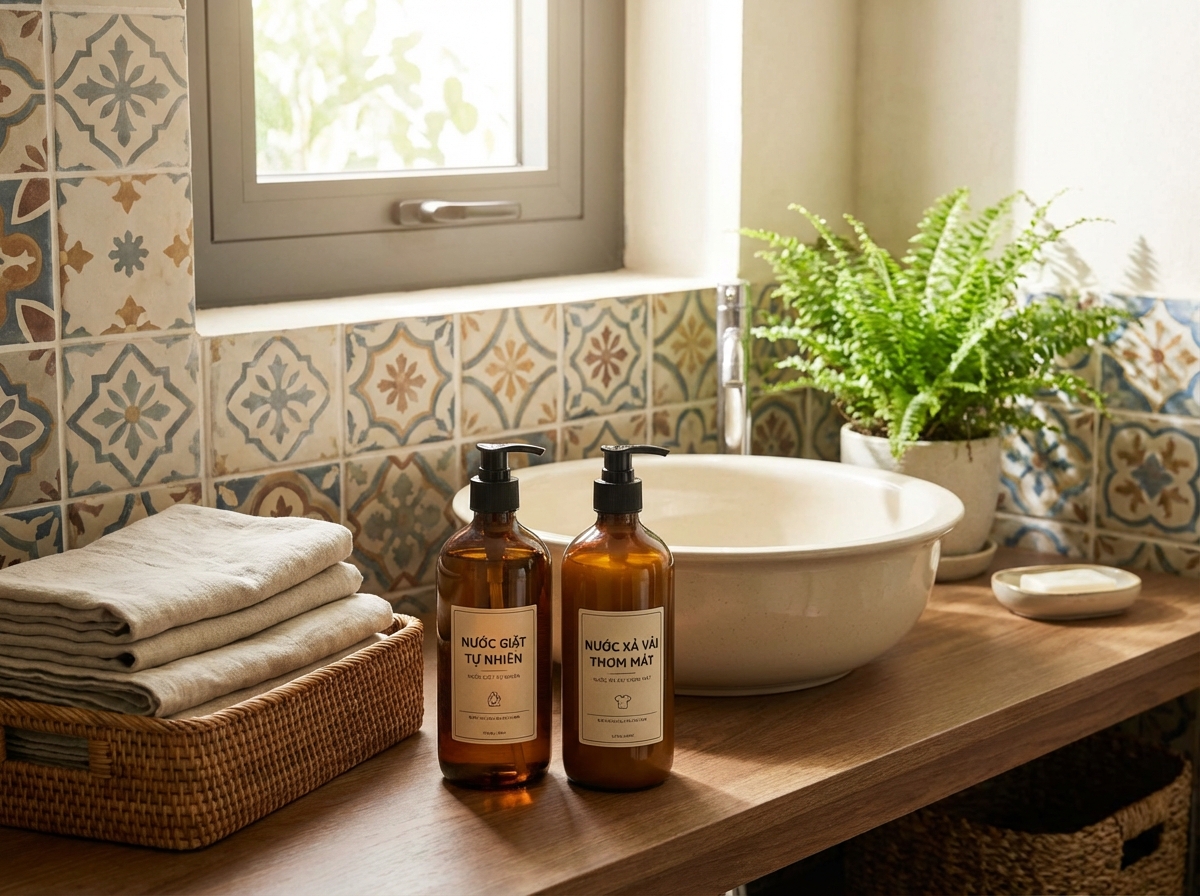 Chai nước giặt và nước xả vải đặt gọn gàng cạnh chậu giặt trong phòng tắm sáng sẽ