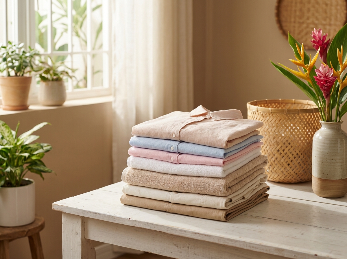 Quần áo sạch gấp gọn ngay ngắn, sẵn sàng cất tủ