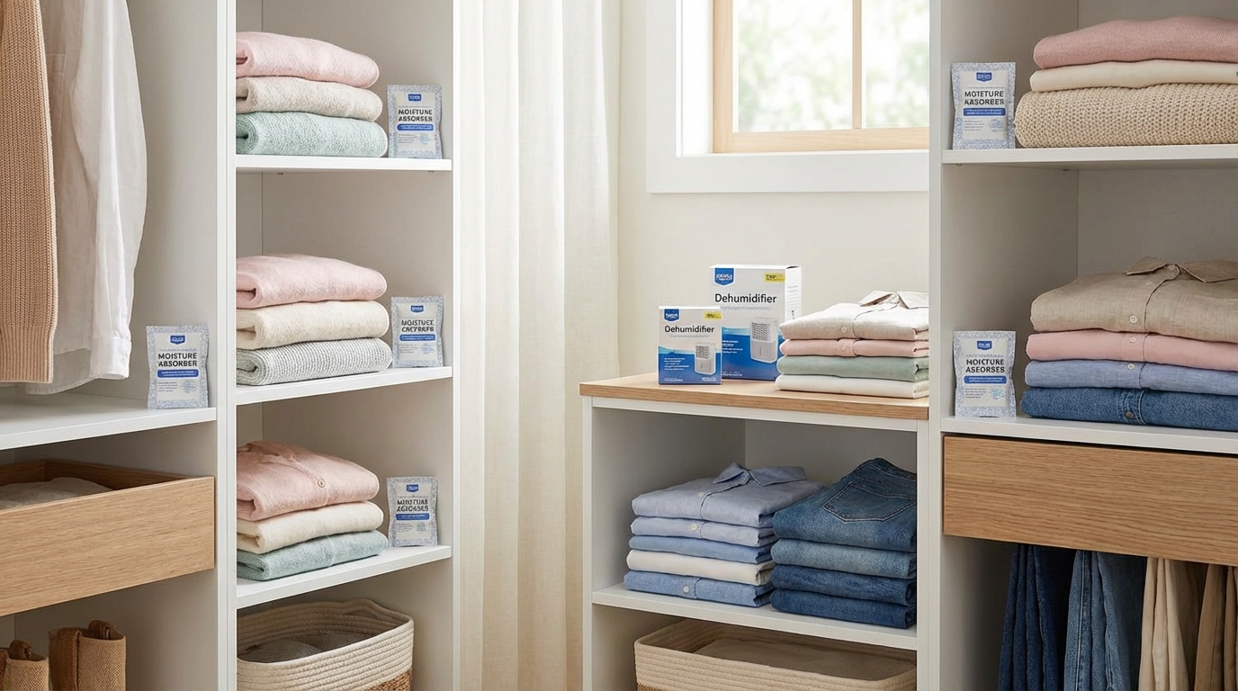 Hộp hút ẩm và túi thơm đặt trong tủ quần áo gọn gàng