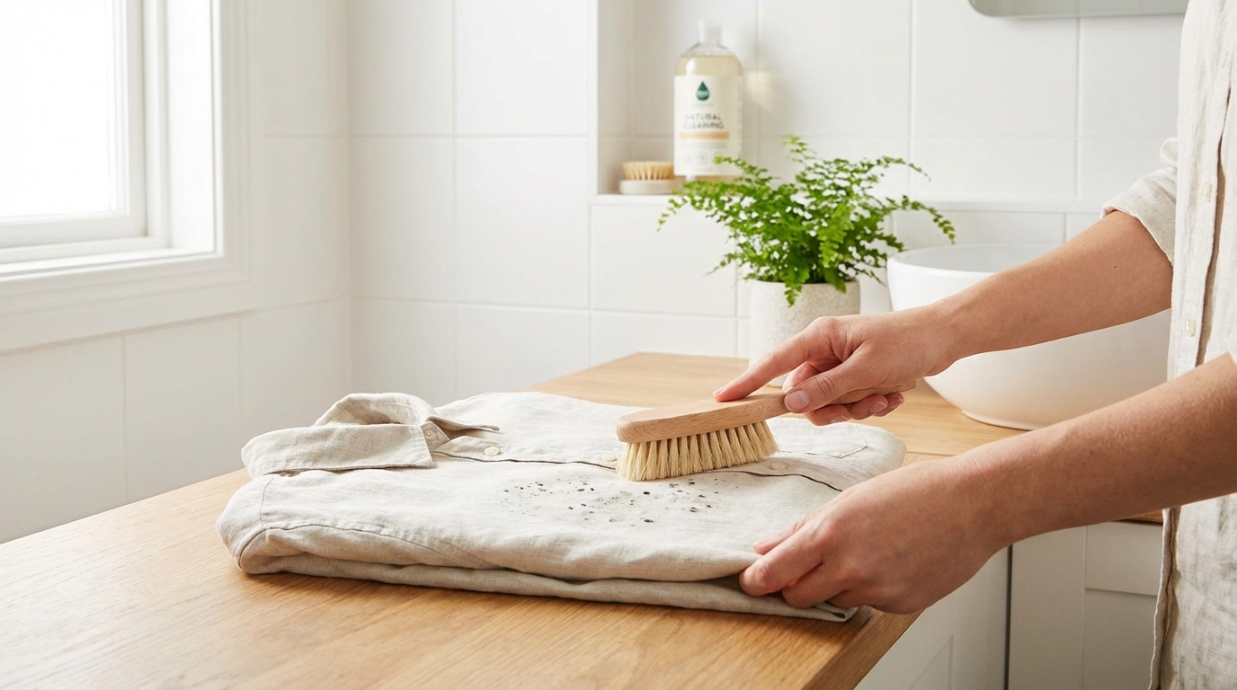 Tay đang chải nhẹ vết mốc trên áo bằng bàn chải mềm