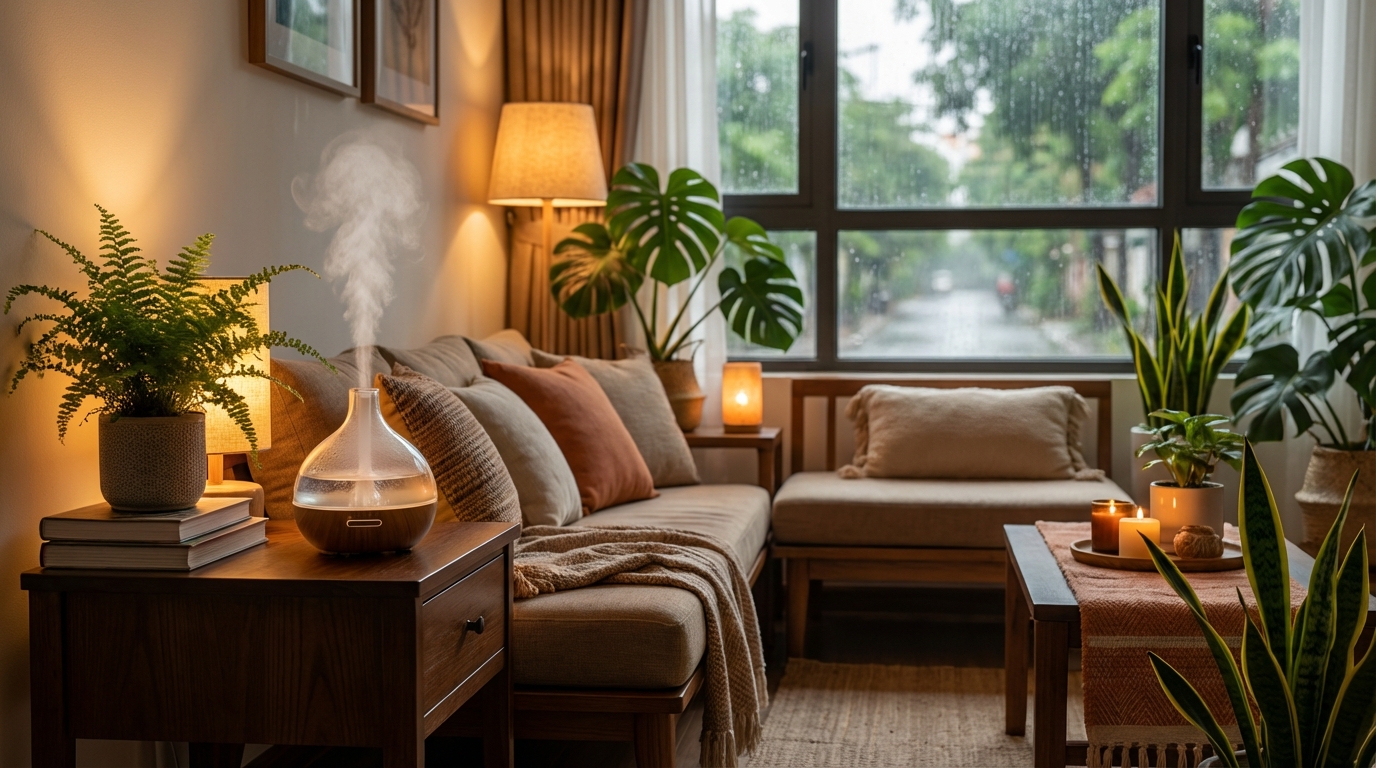 Phòng khách ấm cúng với máy khuếch tán tinh dầu, bên ngoài cửa sổ trời đang mưa