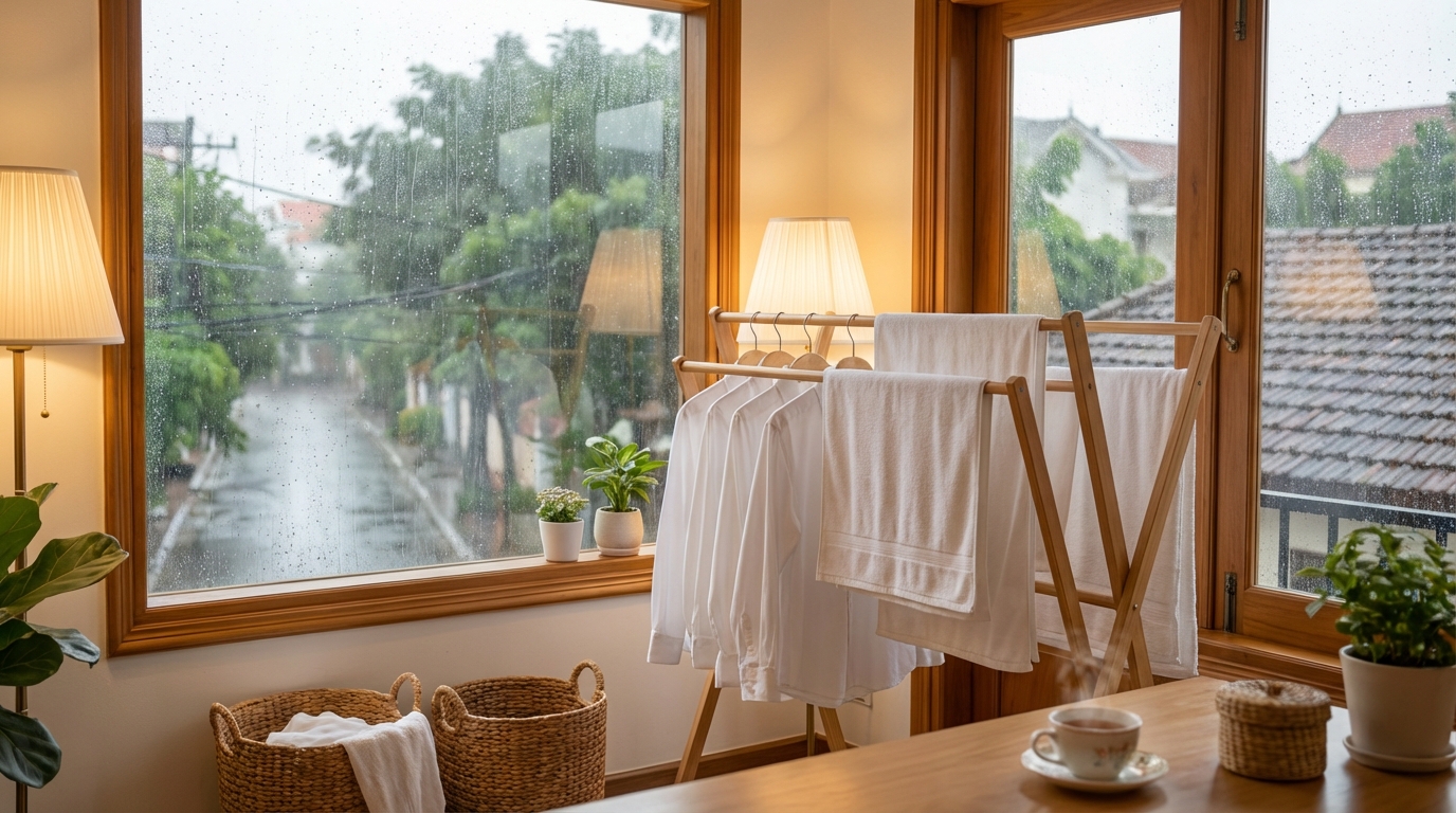 Giá phơi quần áo đặt gần cửa sổ thoáng với đồ trắng sạch trong khi ngoài trời mưa nhẹ