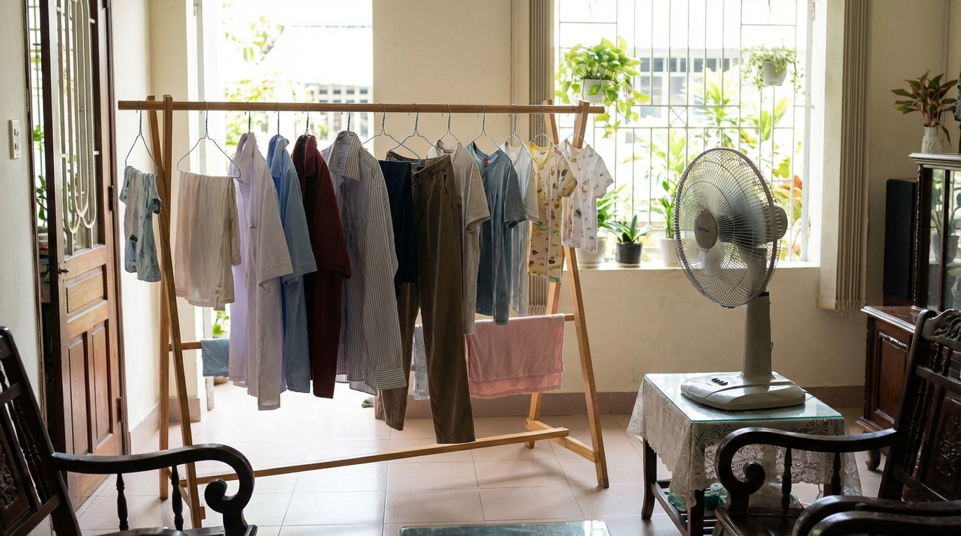 Quần áo phơi với khoảng cách thích hợp trên giá phơi trong nhà, quạt đặt gần để hỗ trợ
