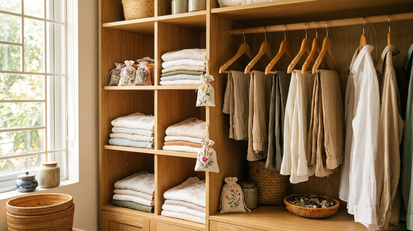 Túi thơm Hygiene đặt trong tủ quần áo gọn gàng, giữ hương thơm cho quần áo mùa mưa