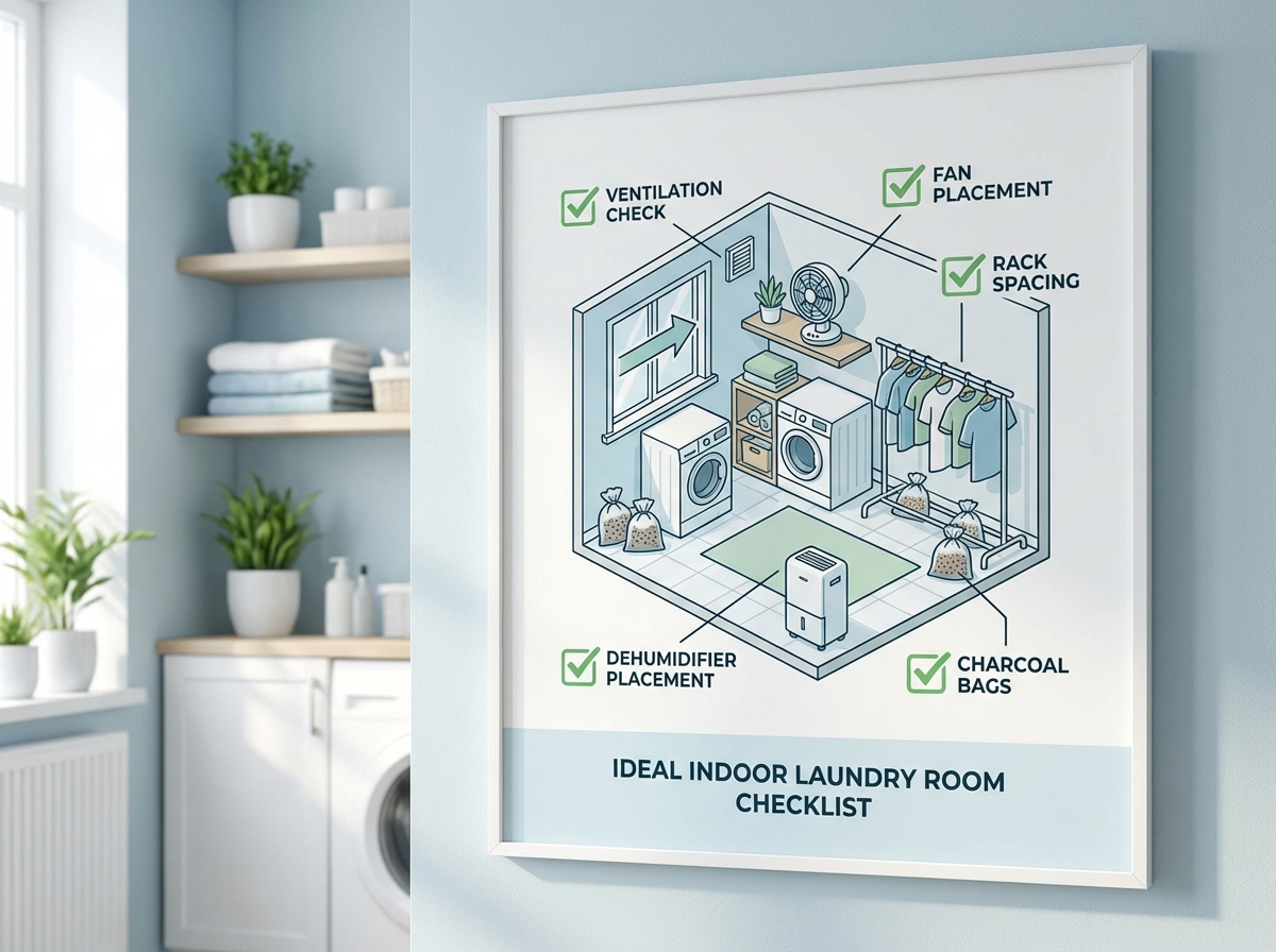Checklist setup phòng phơi đồ lý tưởng: thoáng gió, khoảng cách phơi, quạt và hút ẩm